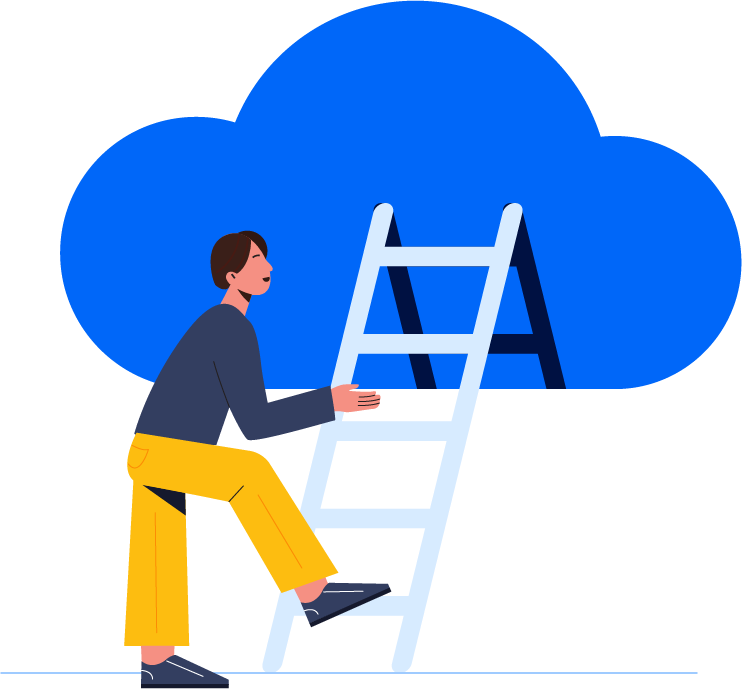 a person climbing a ladder into the cloud