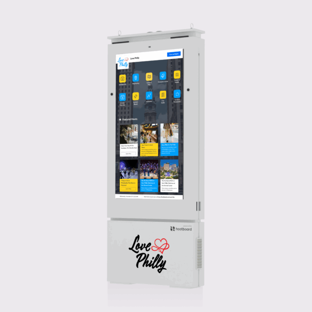White Glide OT outdoor kiosk showing city guide interface